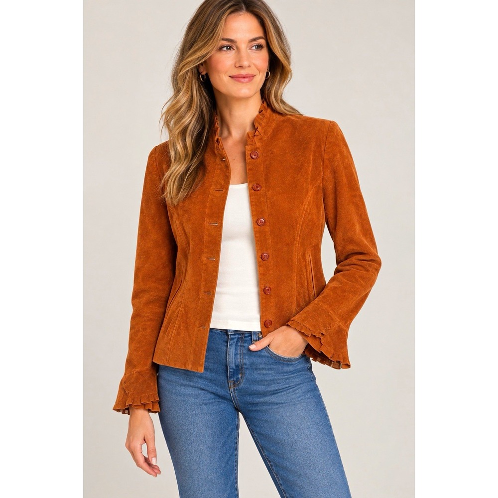 Women's Genuine Leather Suede Jacket Size 8 Rust Cognac Brown Ruffle Cuffs